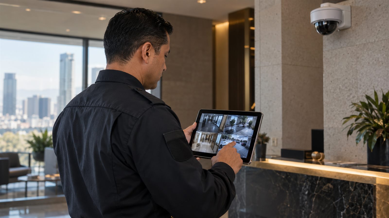 Supervisión de cámaras desde una tableta en una oficina de Ciudad de México