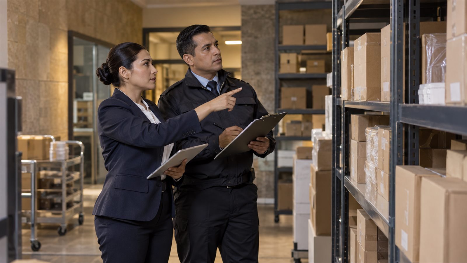 Revisión de activos y documentación en un almacén empresarial