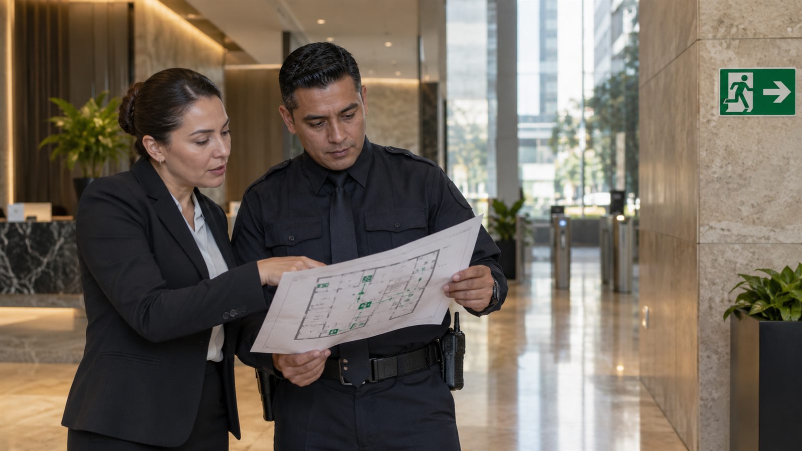 Coordinación de seguridad y evacuación en la recepción de un edificio de oficinas