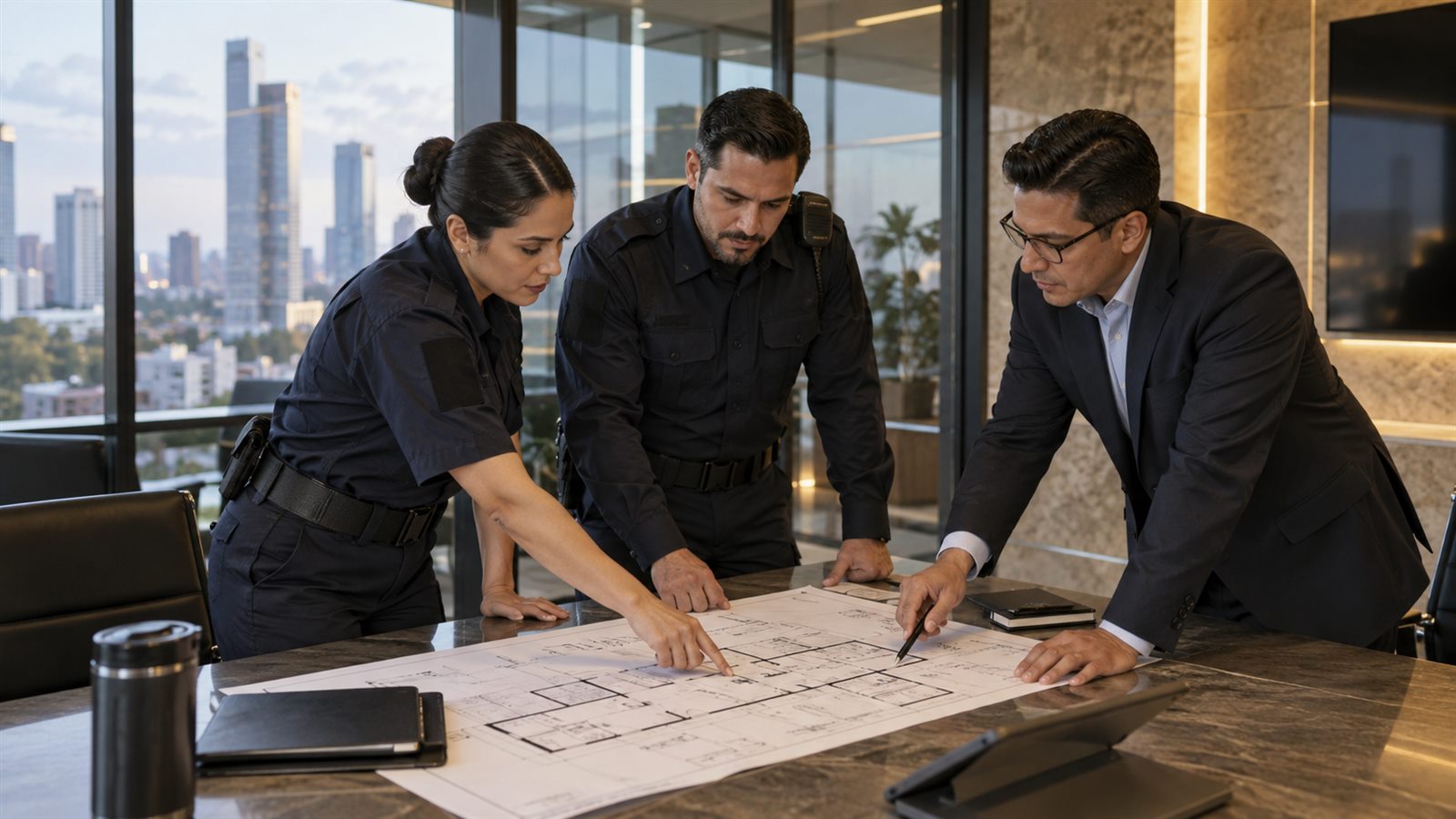 Ilustración de coordinación del personal de seguridad con administración